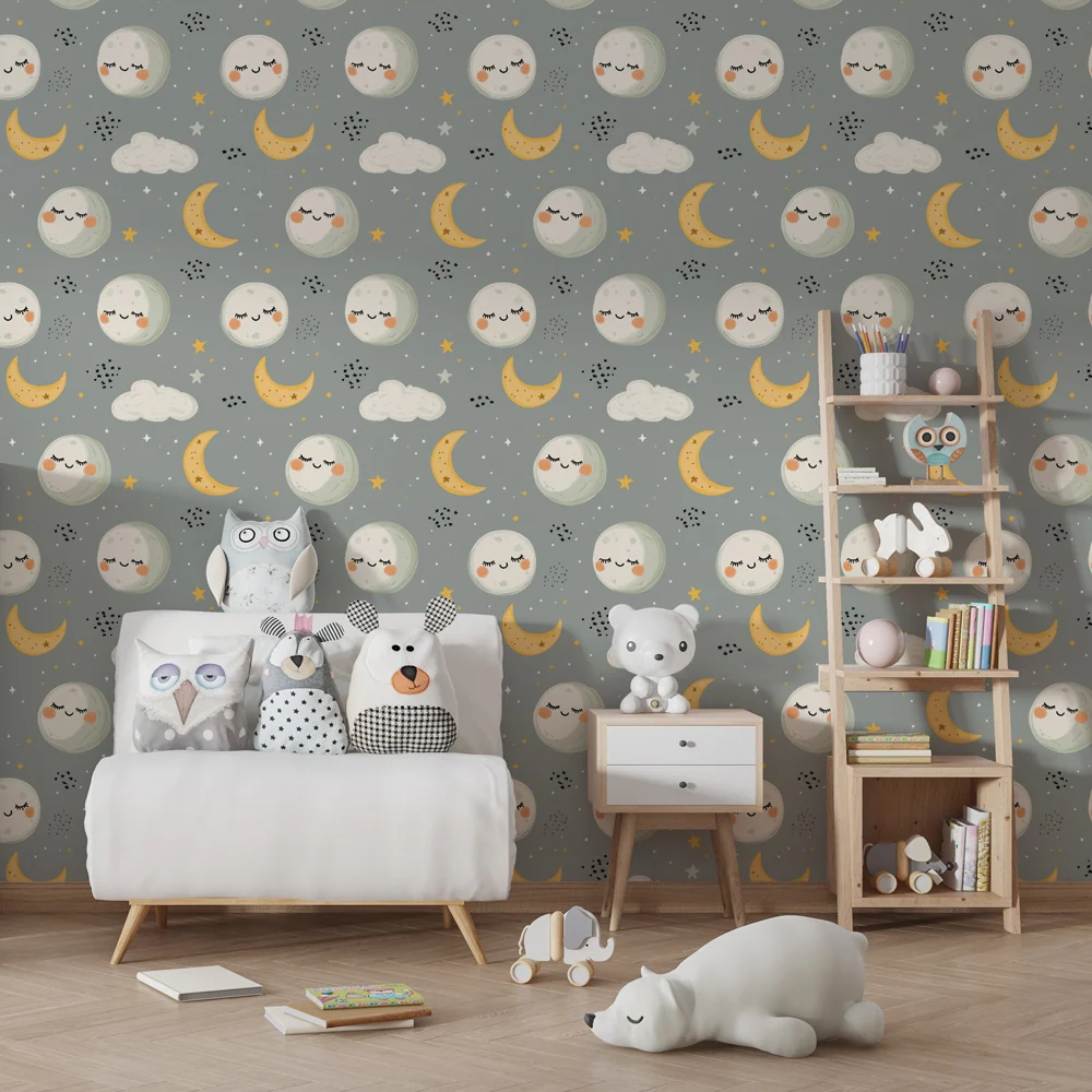 Papel de parede crianç com padrões | Lua e estrelas sorridentes em fundo cinza