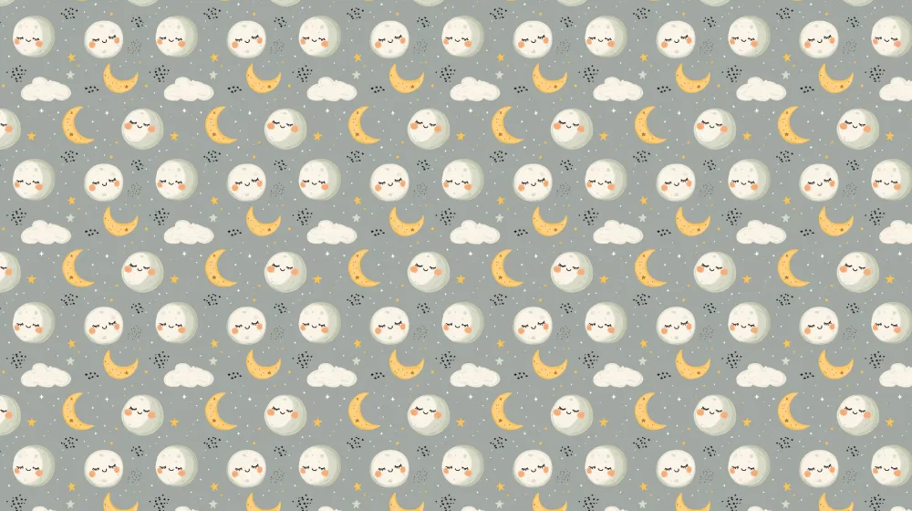 Papel de parede crianç com padrões | Lua e estrelas sorridentes em fundo cinza