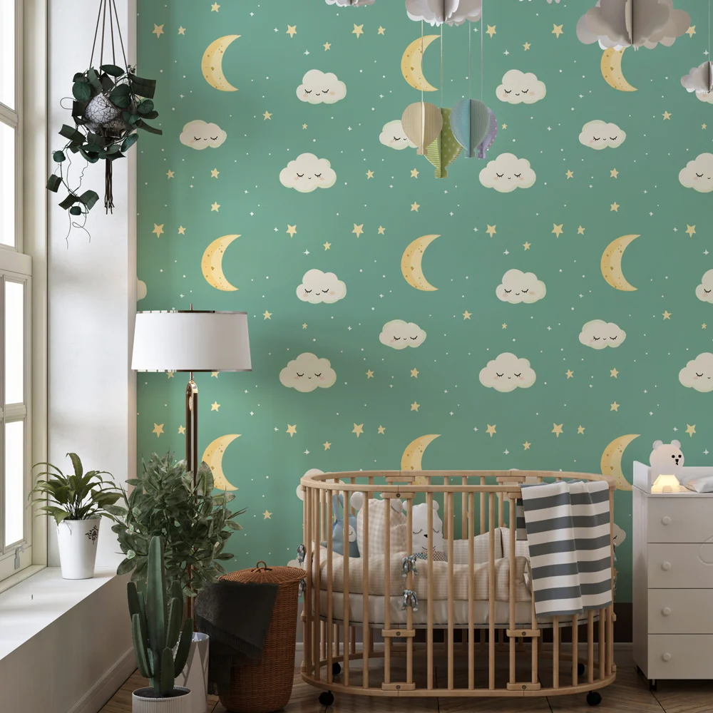 Papel de parede crianç com padrões | Nuvens, luas e estrelas suaves