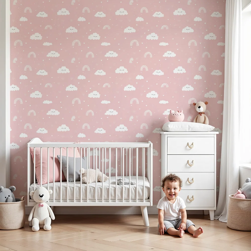 Papel de parede crianç com padrões | Nuvens e arco-íris em fundo rosa
