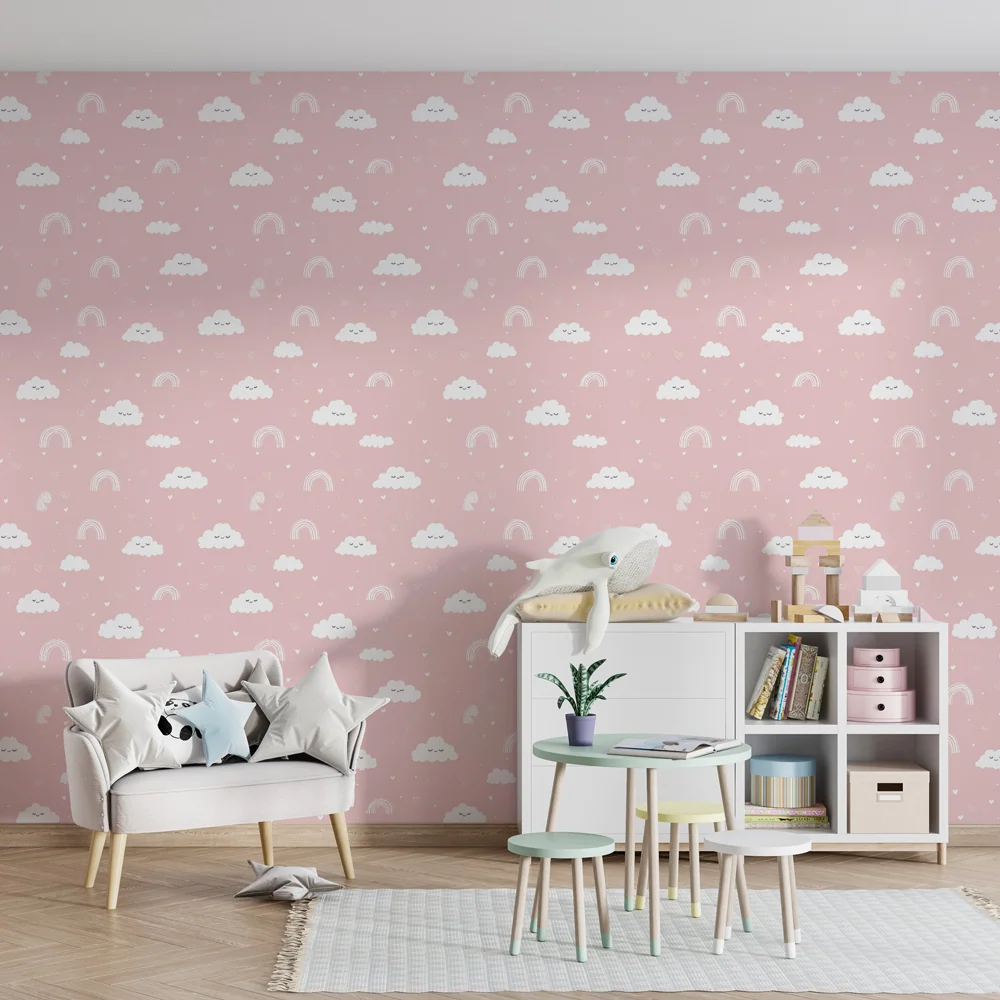 Papel de parede crianç com padrões | Nuvens e arco-íris em fundo rosa
