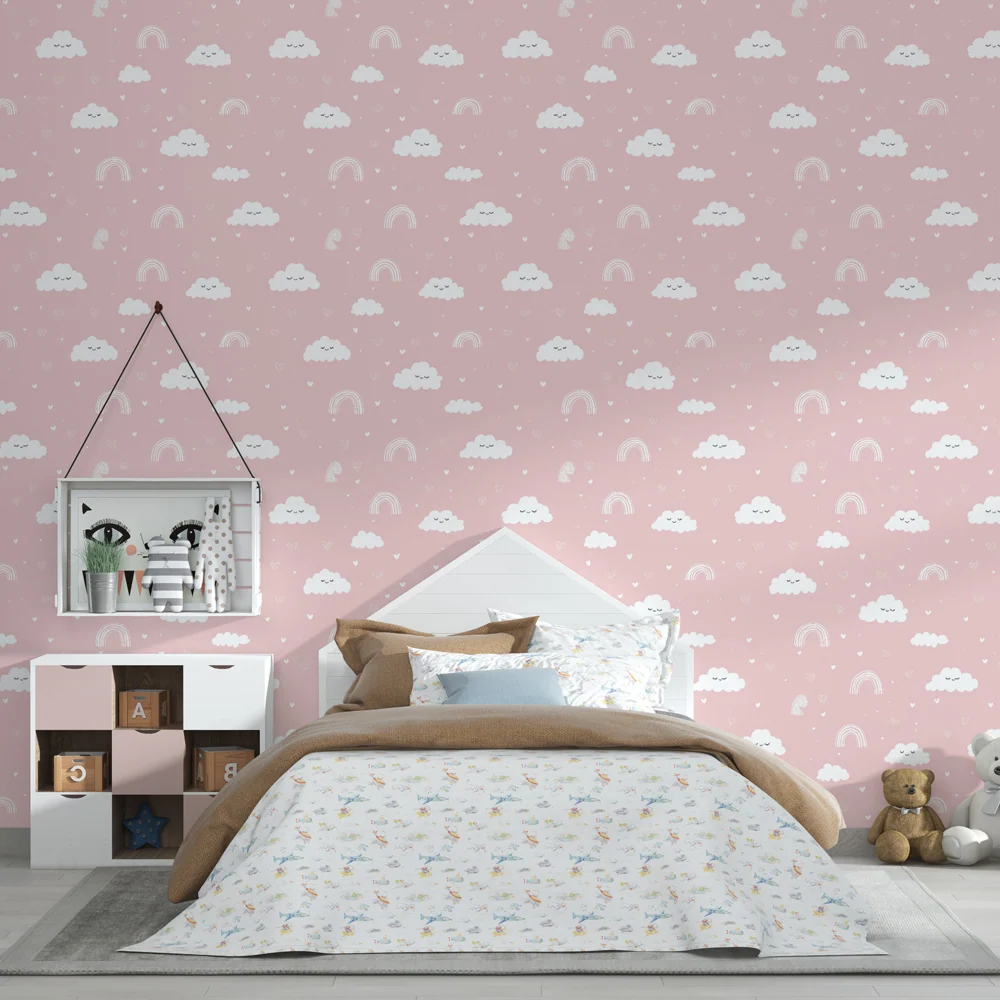 Papel de parede crianç com padrões | Nuvens e arco-íris em fundo rosa