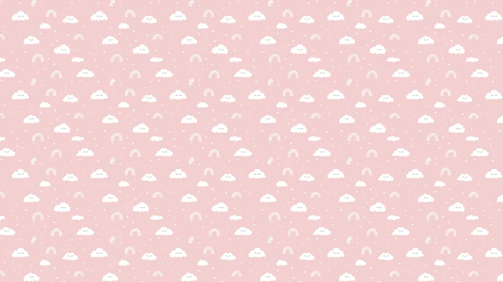 Papel de parede crianç com padrões | Nuvens e arco-íris em fundo rosa
