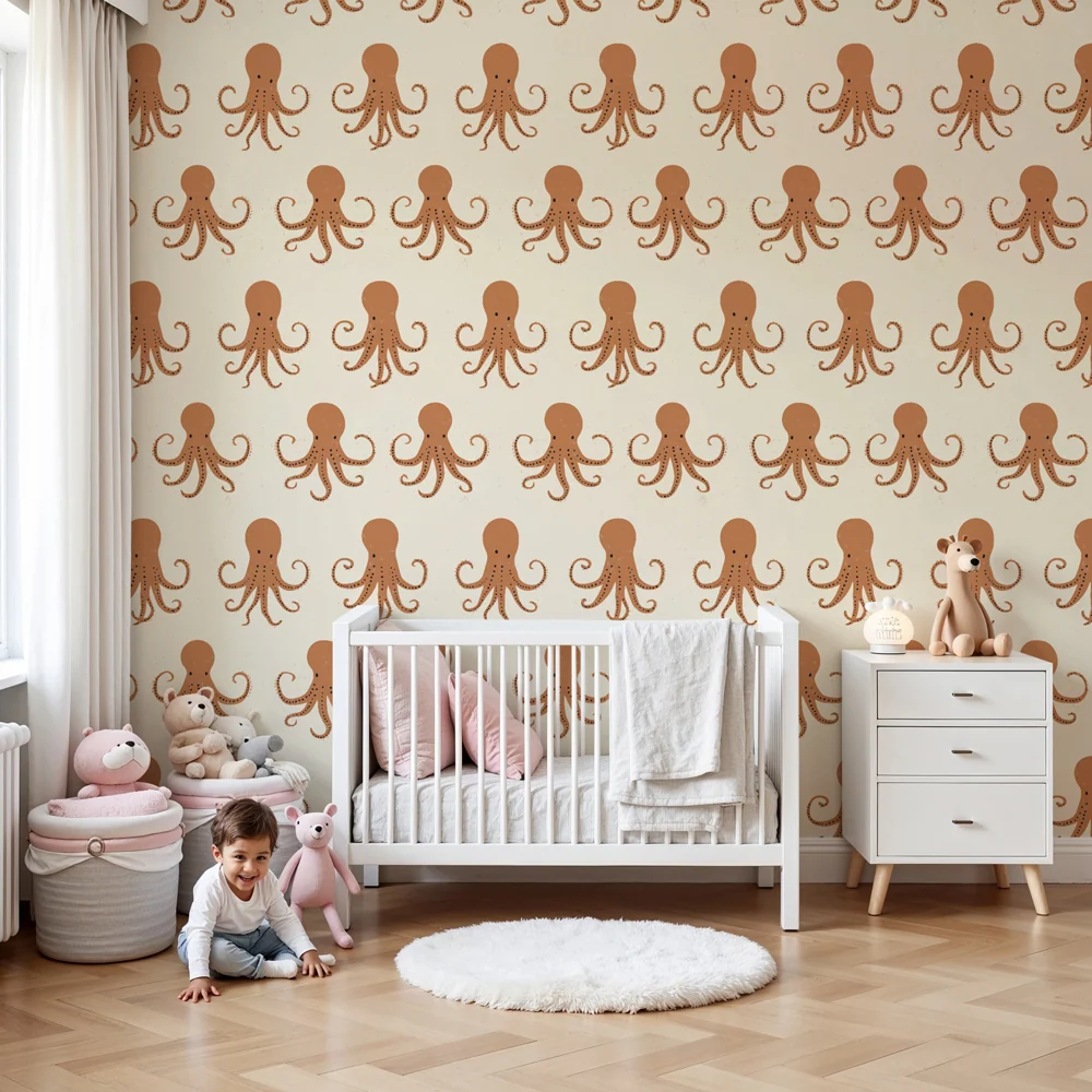 Papel de parede crianç com padrões | Padrão de polvos divertidos em fundo creme