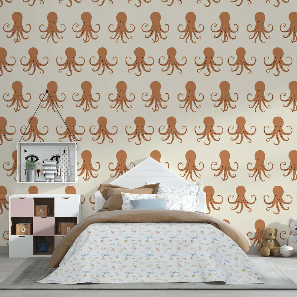 Papel de parede crianç com padrões | Padrão de polvos divertidos em fundo creme