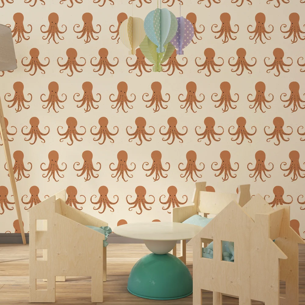 Papel de parede crianç com padrões | Padrão de polvos divertidos em fundo creme
