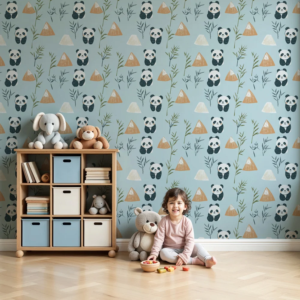Papel de parede crianç com padrões | Pandas travessos no meio das montanhas