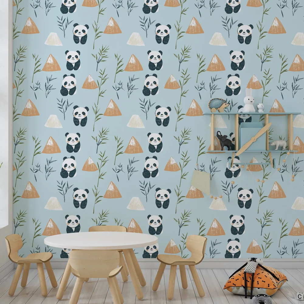 Papel de parede crianç com padrões | Pandas travessos no meio das montanhas