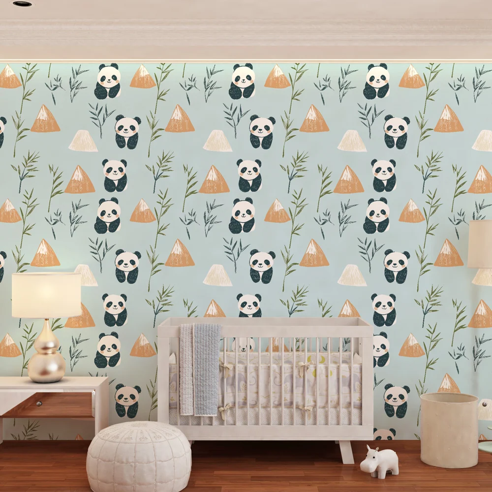 Papel de parede crianç com padrões | Pandas travessos no meio das montanhas