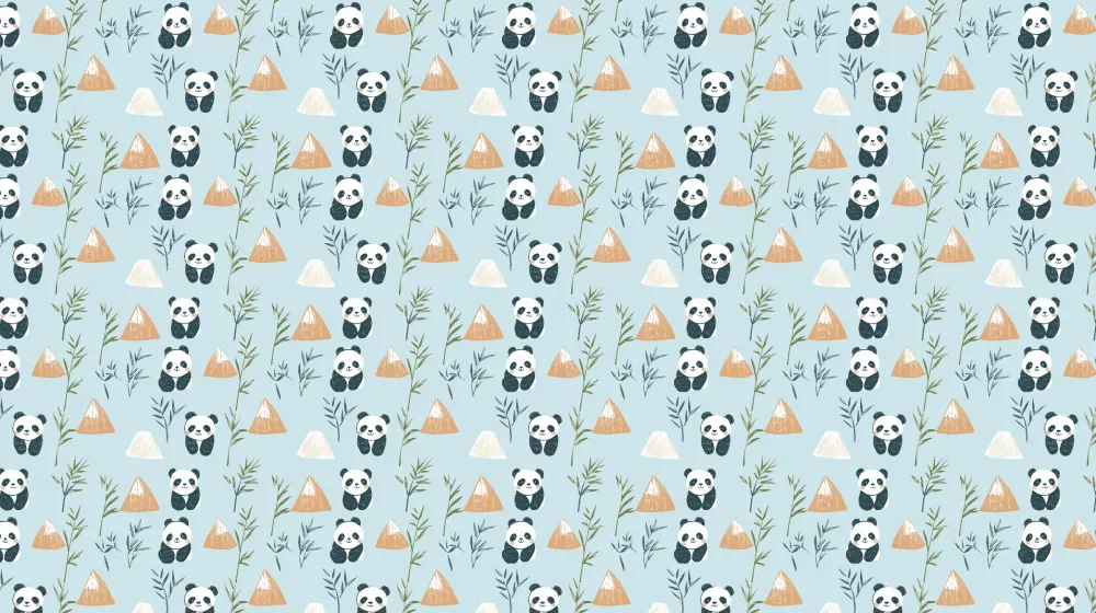 Papel de parede crianç com padrões | Pandas travessos no meio das montanhas