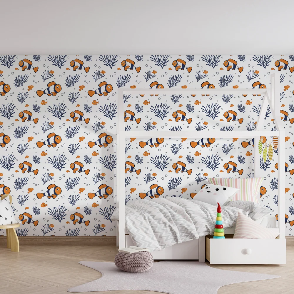 Papel de parede crianç com padrões | Peixes-palhaço coloridos e recifes de coral