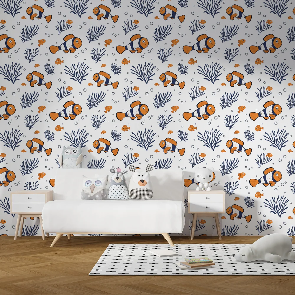 Papel de parede crianç com padrões | Peixes-palhaço coloridos e recifes de coral