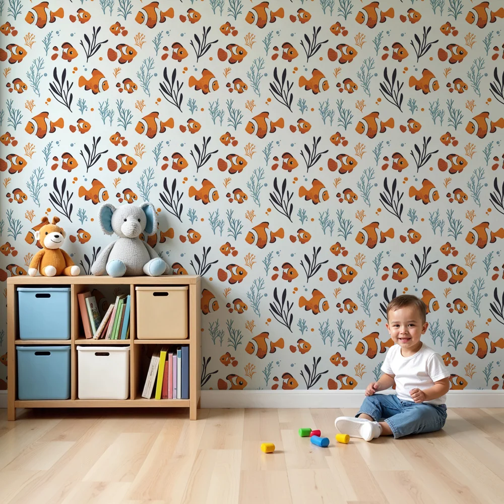 Papel de parede crianç com padrões | Peixes-palhaço coloridos em um mundo subaquático