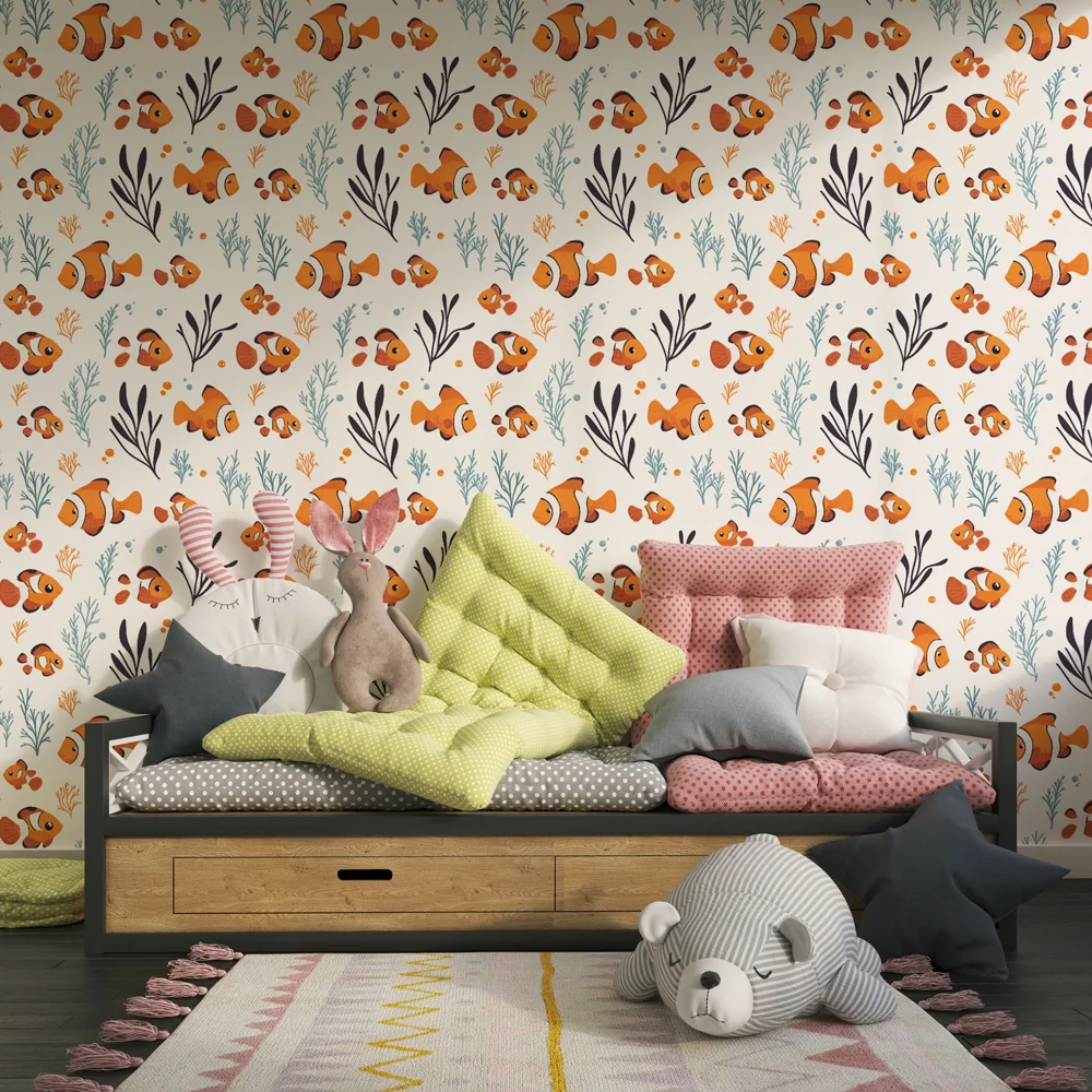 Papel de parede crianç com padrões | Peixes-palhaço coloridos em um mundo subaquático