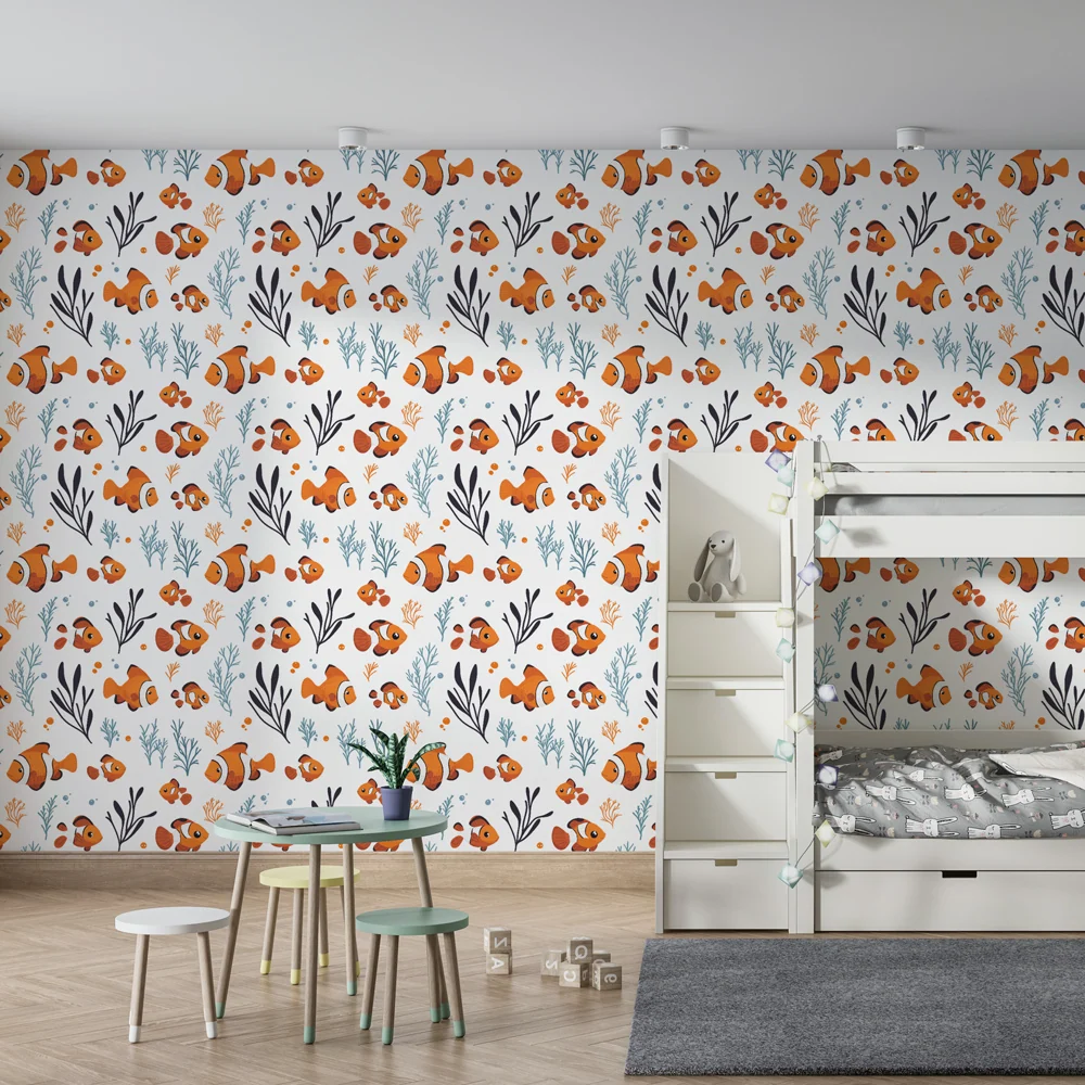 Papel de parede crianç com padrões | Peixes-palhaço coloridos em um mundo subaquático