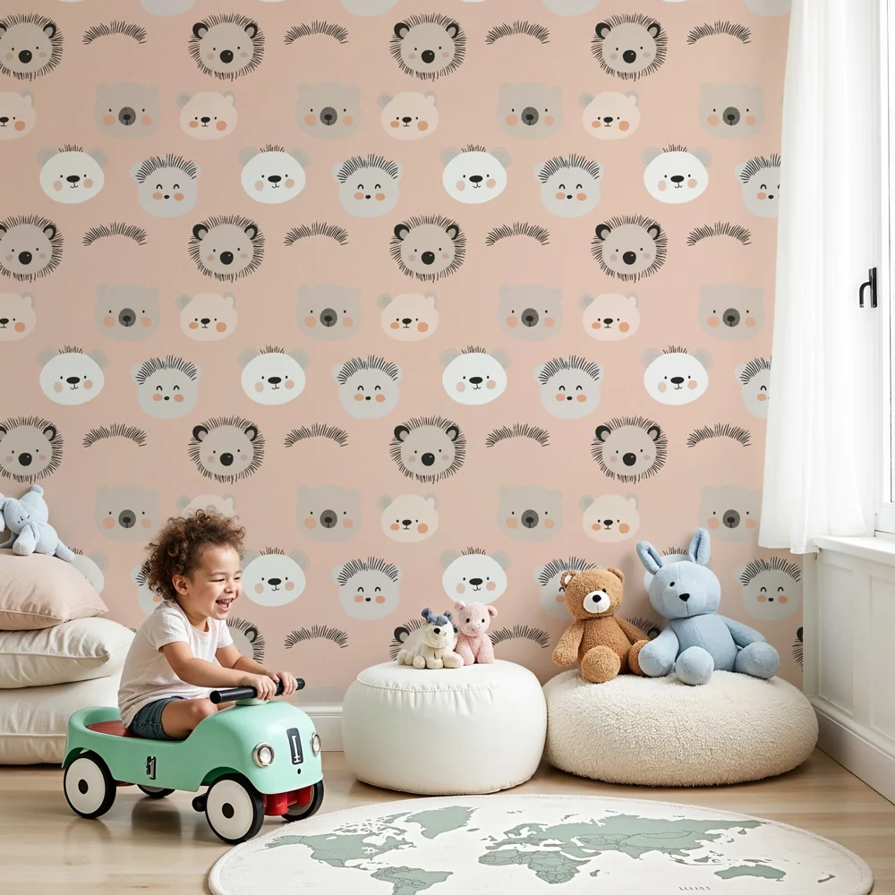 Papel de parede crianç com padrões | Rostos adoráveis de animais em fundo cor-de-rosa