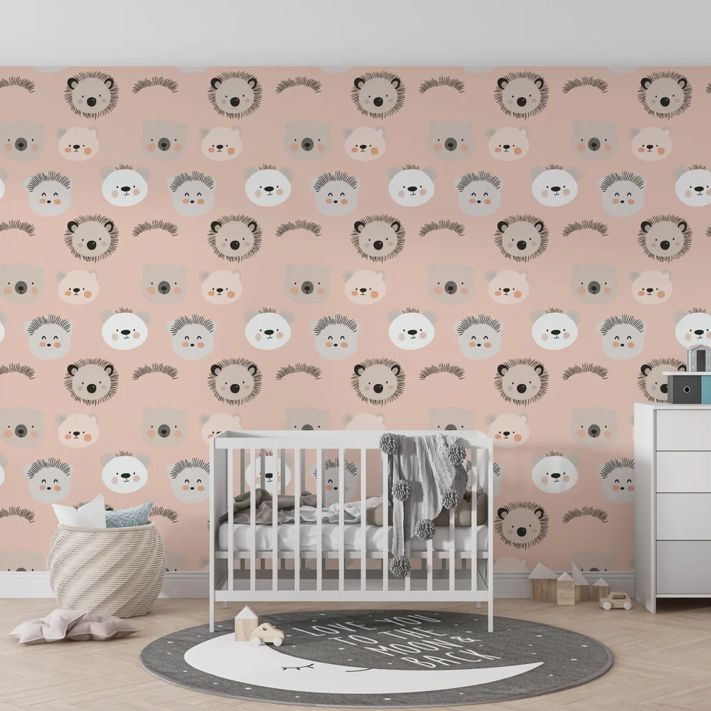 Papel de parede crianç com padrões | Rostos adoráveis de animais em fundo cor-de-rosa