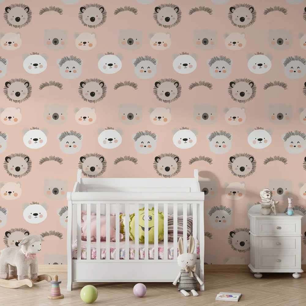 Papel de parede crianç com padrões | Rostos adoráveis de animais em fundo cor-de-rosa