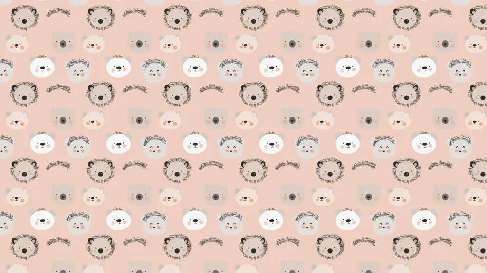 Papel de parede crianç com padrões | Rostos adoráveis de animais em fundo cor-de-rosa