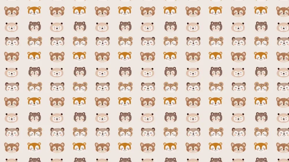 Papel de parede crianç com padrões | Rostos de animais adoráveis em tons naturais