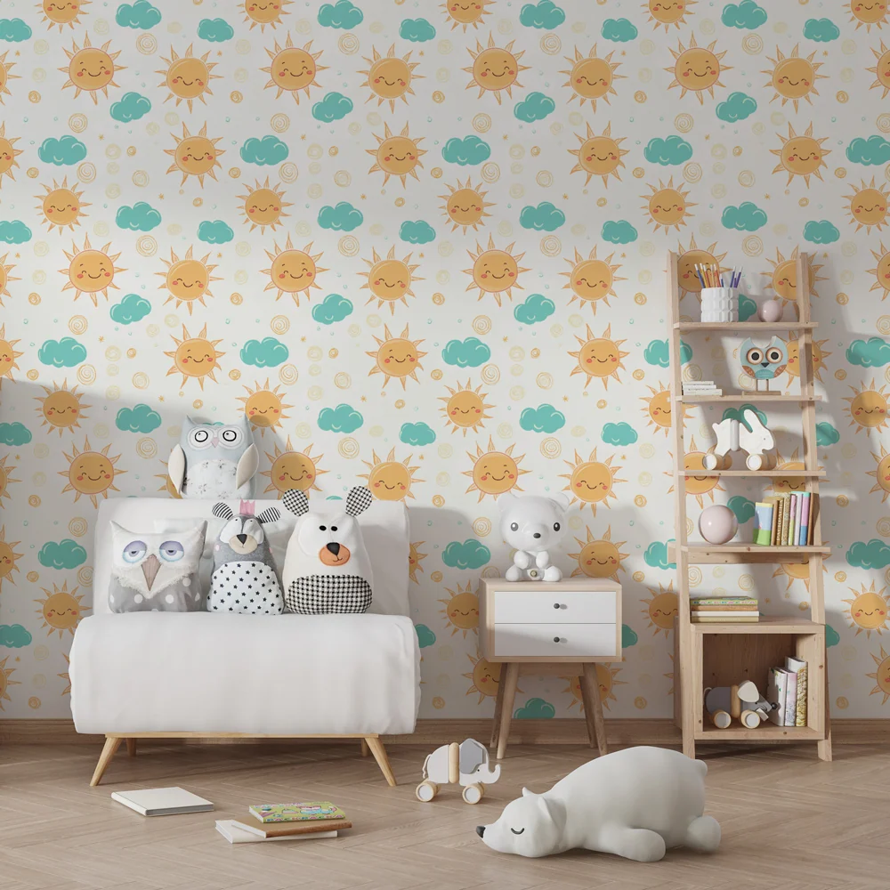 Papel de parede crianç com padrões | Sorrisos de sol e nuvens suaves