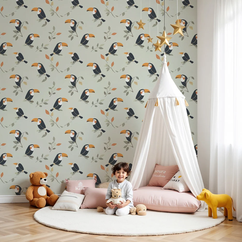 Papel de parede crianç com padrões | Tucanos coloridos em fundo pastel