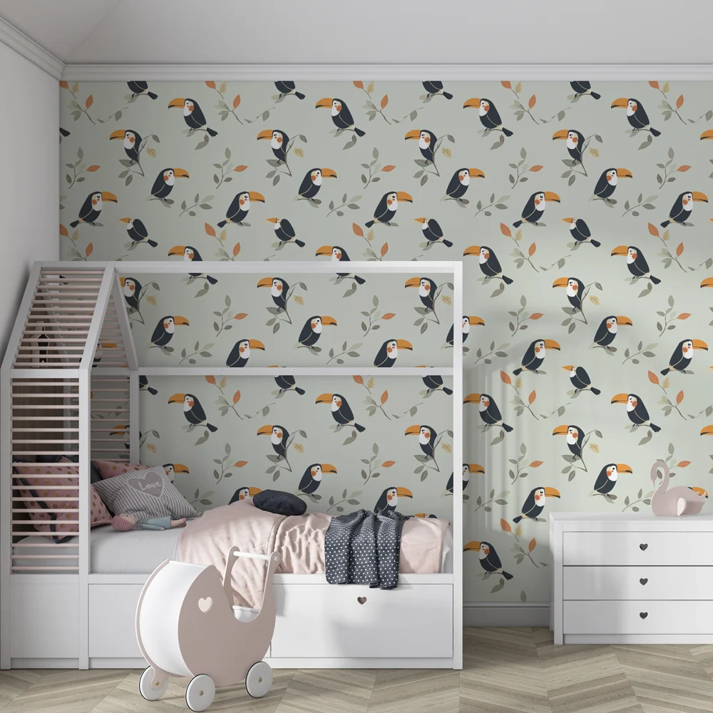 Papel de parede crianç com padrões | Tucanos coloridos em fundo pastel