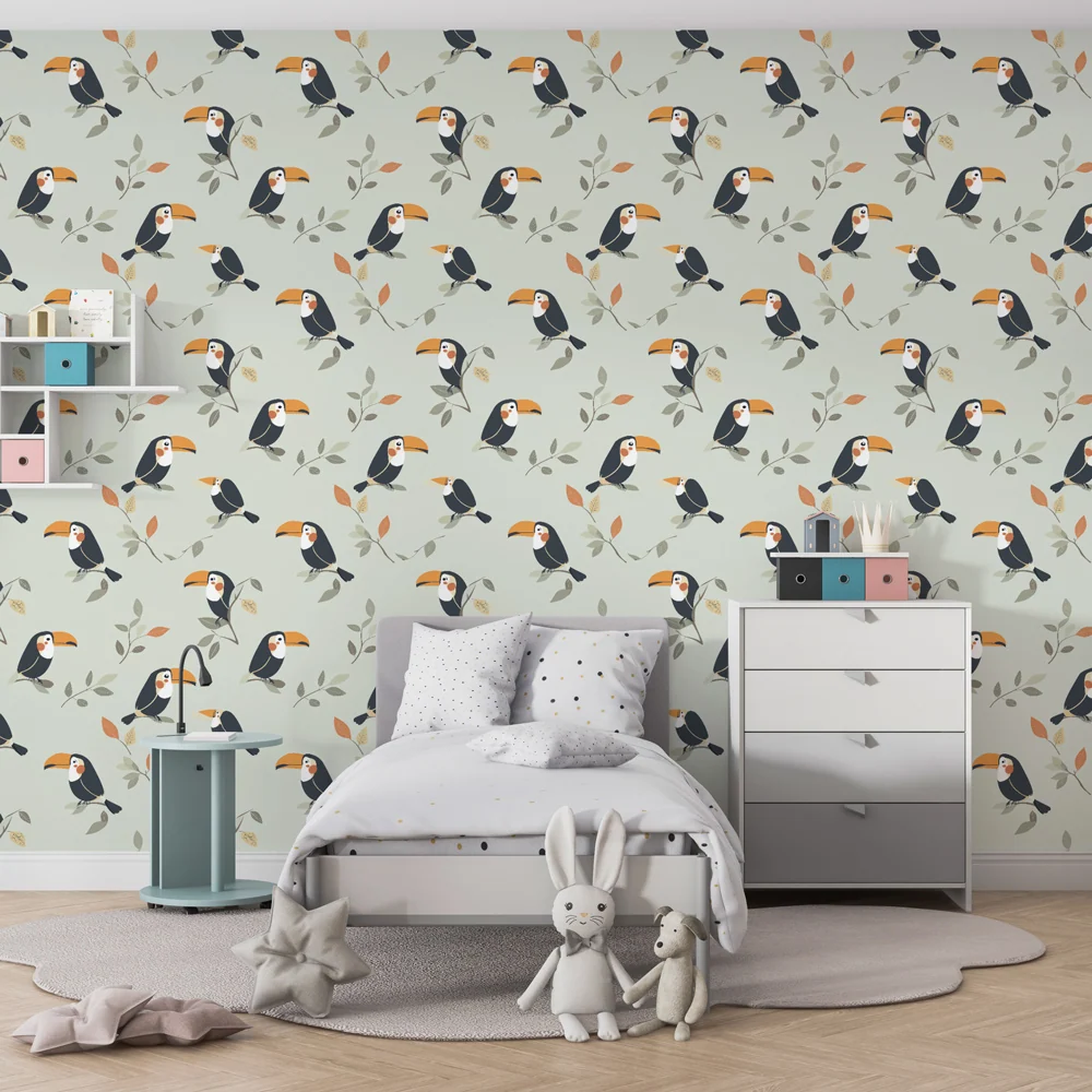 Papel de parede crianç com padrões | Tucanos coloridos em fundo pastel
