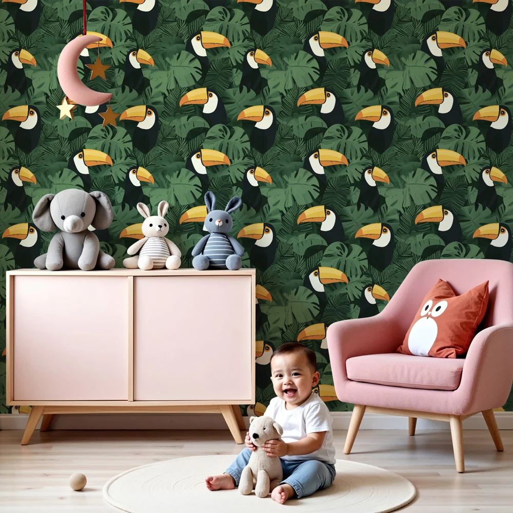 Papel de parede crianç com padrões | Tucanos coloridos entre folhagens tropicais