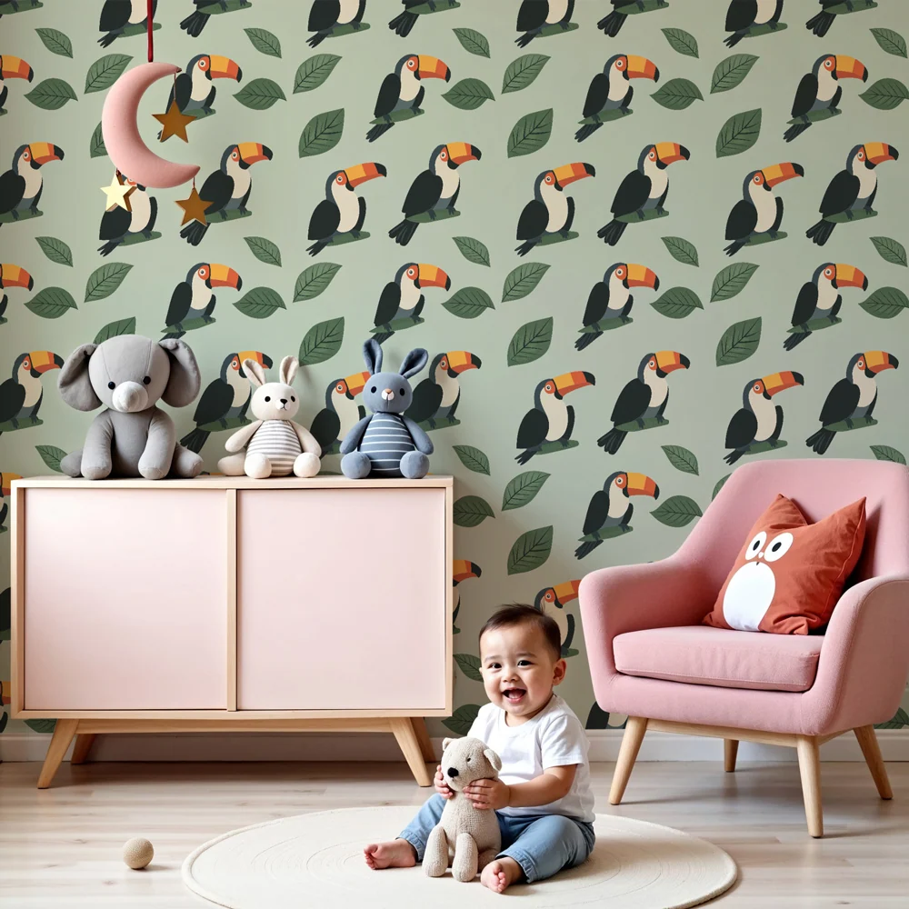 Papel de parede crianç com padrões | Tucanos coloridos em fundo suave