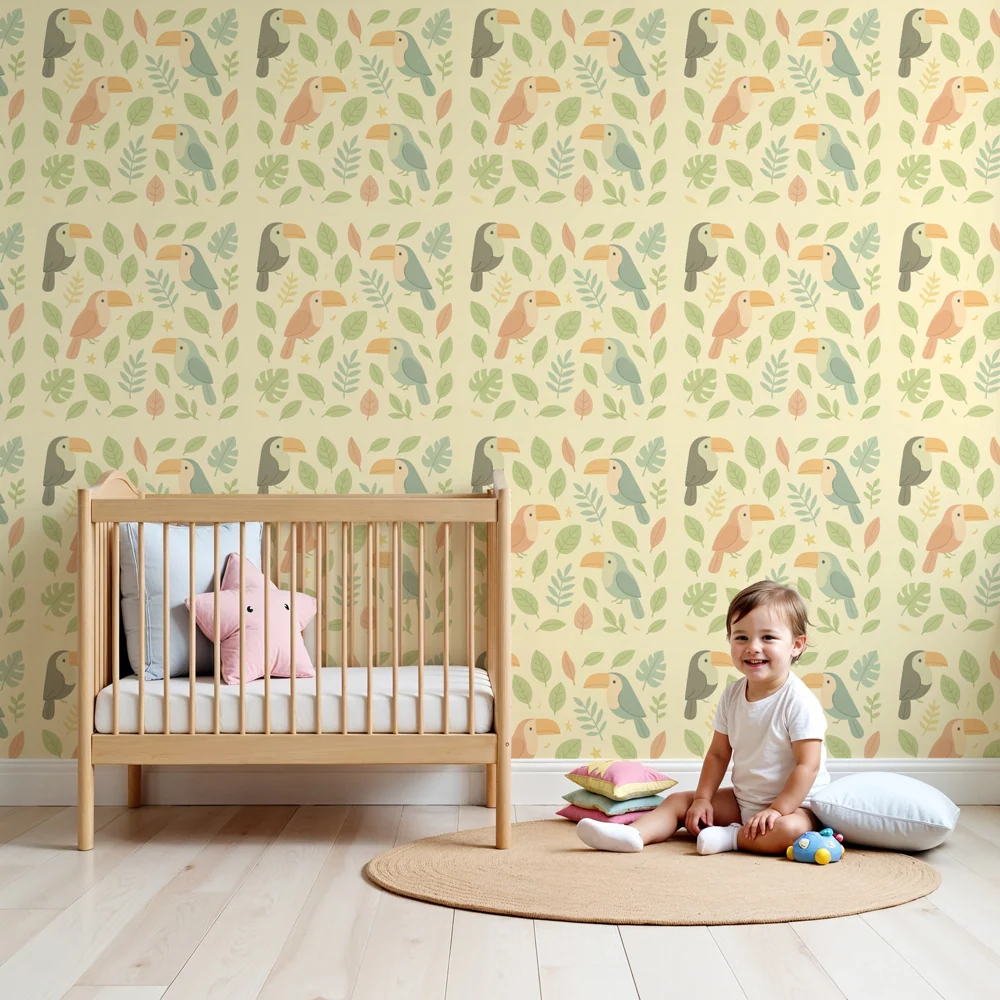 Papel de parede crianç com padrões | Tucanos coloridos e folhagem verde