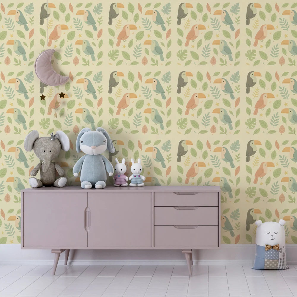 Papel de parede crianç com padrões | Tucanos coloridos e folhagem verde
