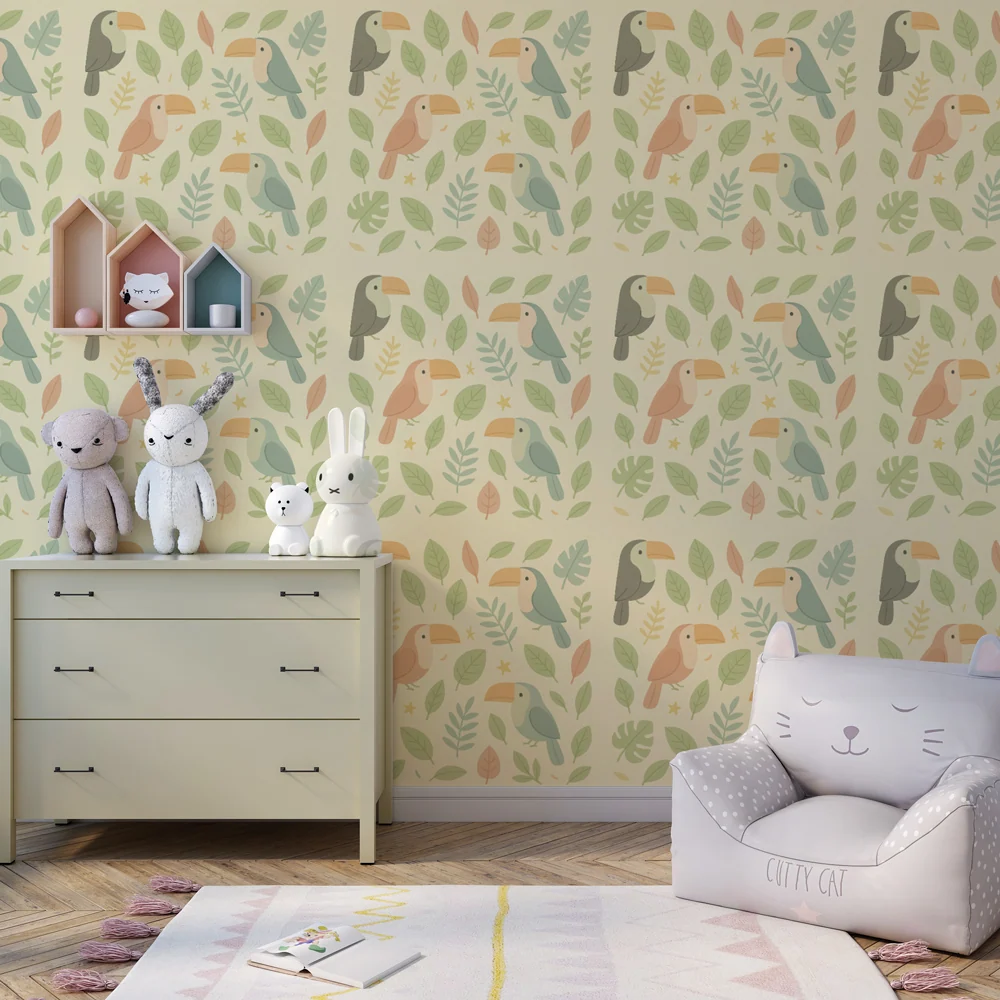 Papel de parede crianç com padrões | Tucanos coloridos e folhagem verde