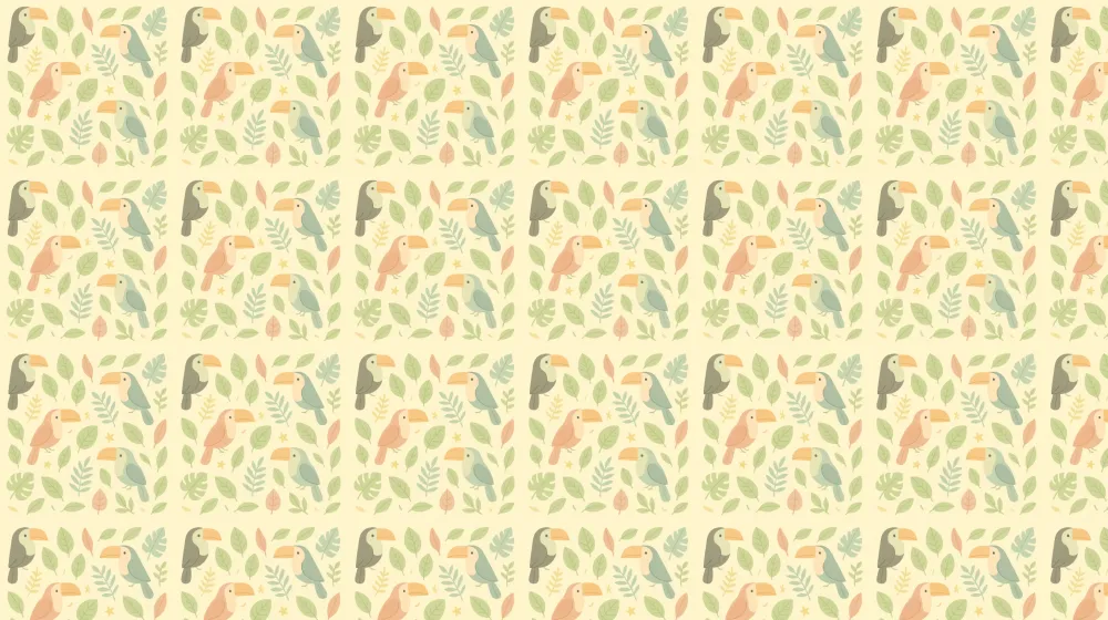 Papel de parede crianç com padrões | Tucanos coloridos e folhagem verde