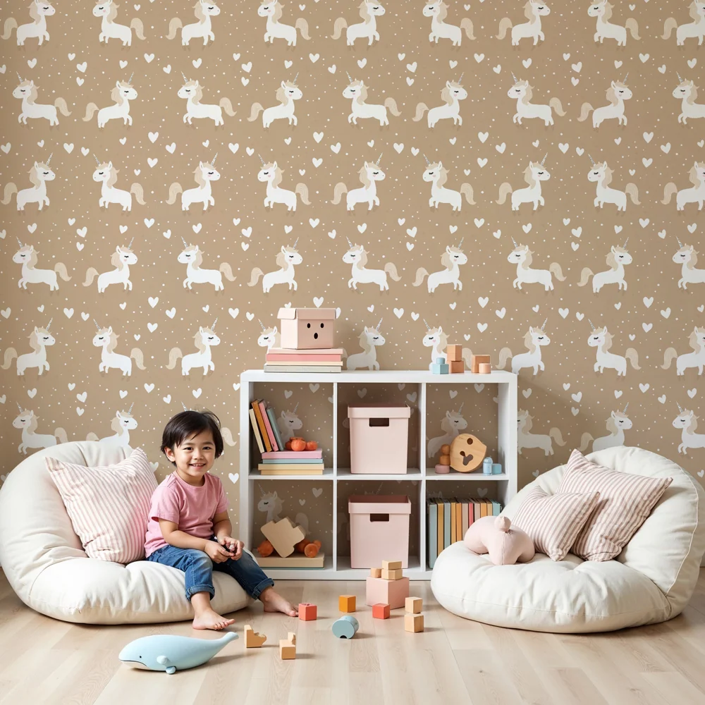 Papel de parede crianç com padrões | Unicórnios fofos em fundo taupe