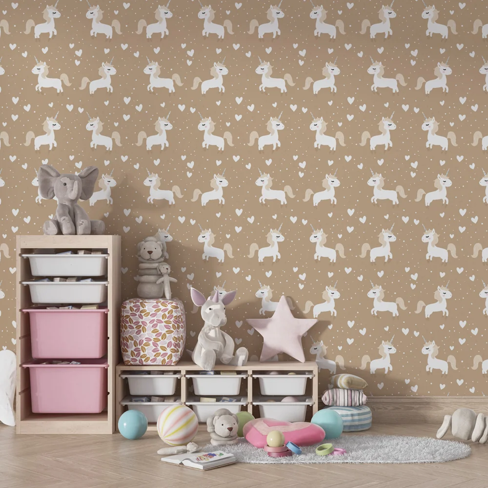 Papel de parede crianç com padrões | Unicórnios fofos em fundo taupe