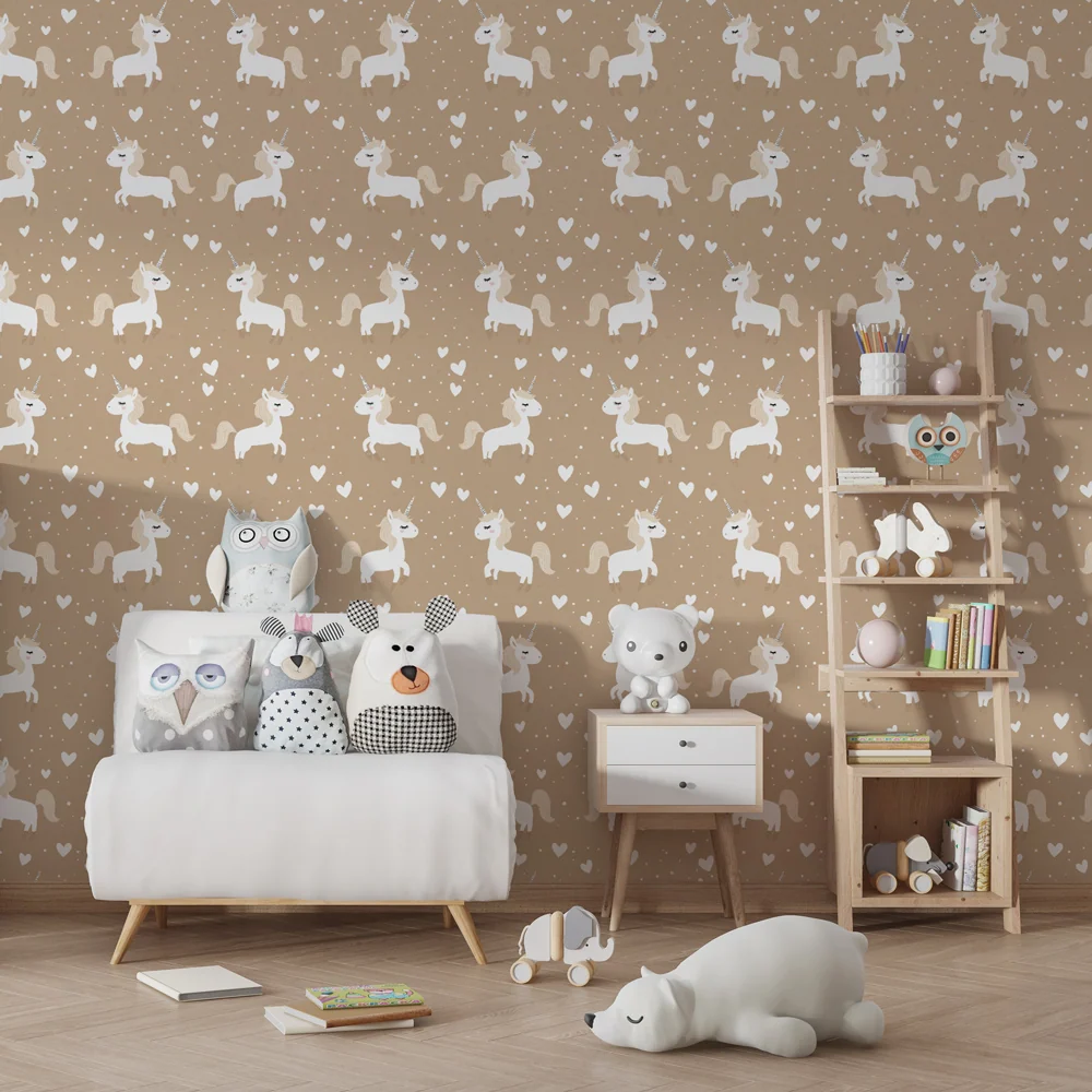 Papel de parede crianç com padrões | Unicórnios fofos em fundo taupe