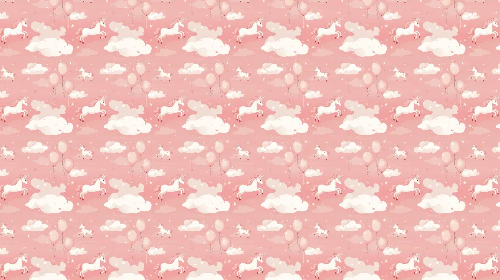 Papel de parede crianç com padrões | Unicórnios em um céu rosa suave
