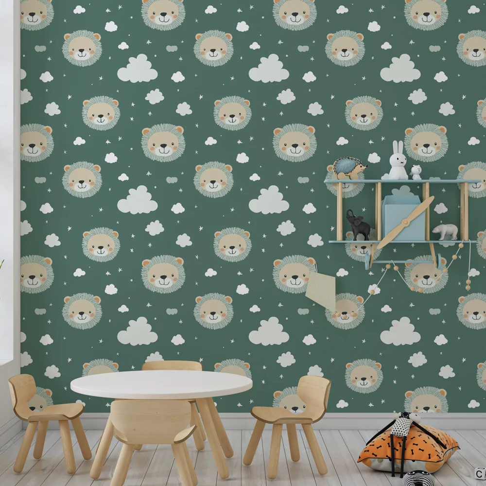 Papel de parede crianç com padrão | Cabeças de leões fofas em fundo verde