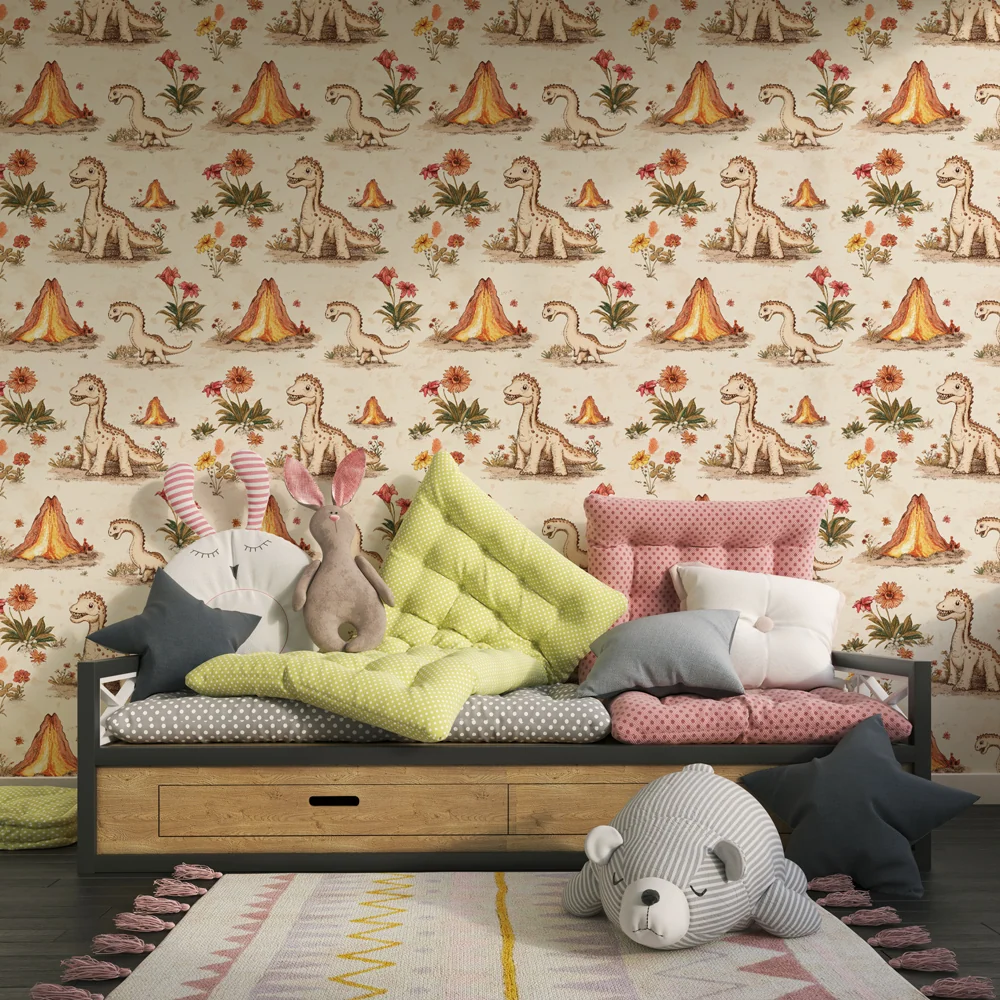 Papel de parede crianç com padrão | Dinossauros e vulcões coloridos