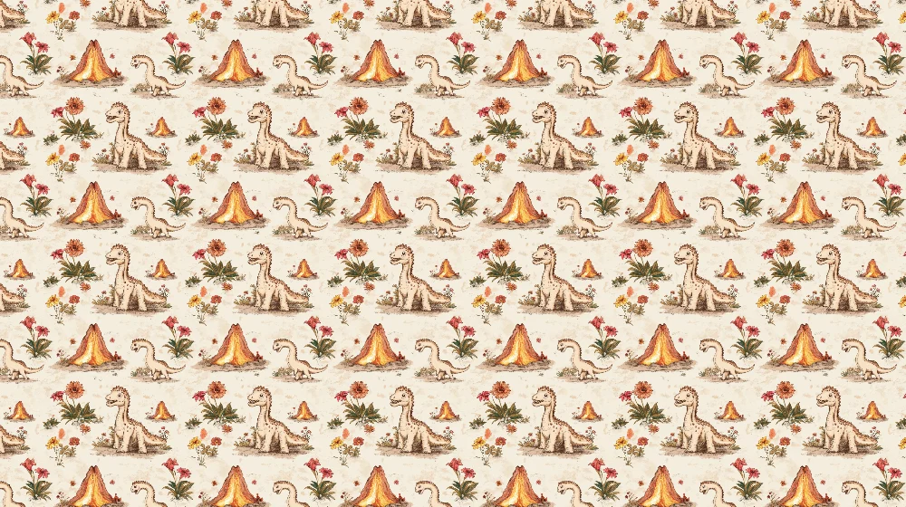 Papel de parede crianç com padrão | Dinossauros e vulcões coloridos
