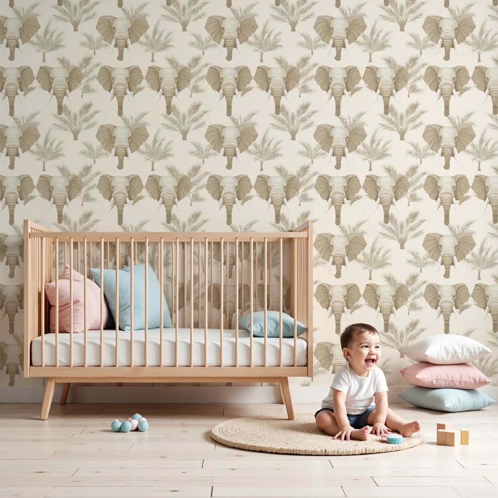 Papel de parede crianç com padrão | Elefantes majestosos em fundo creme