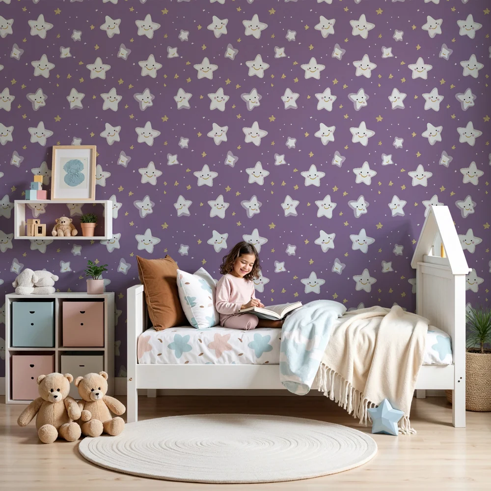 Papel de parede crianç com padrão | Estrelas sorridentes em fundo violeta