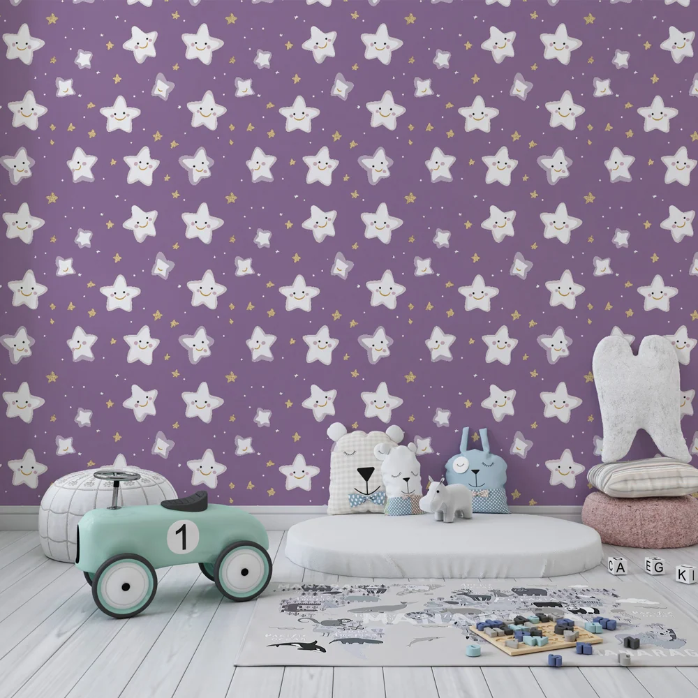 Papel de parede crianç com padrão | Estrelas sorridentes em fundo violeta