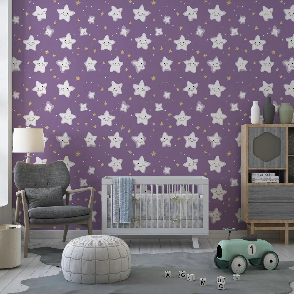 Papel de parede crianç com padrão | Estrelas sorridentes em fundo violeta