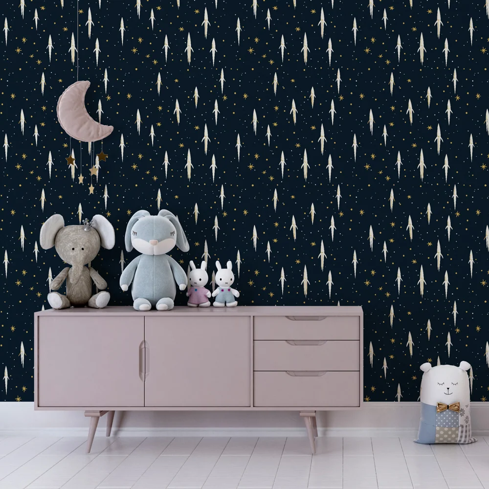 Papel de parede crianç com padrão | Foguetes brancos em fundo azul noite estrelado