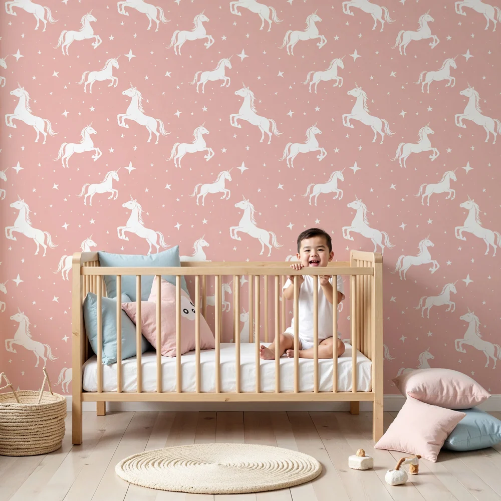 Papel de parede crianç com padrão | Unicórnios brancos em fundo rosa