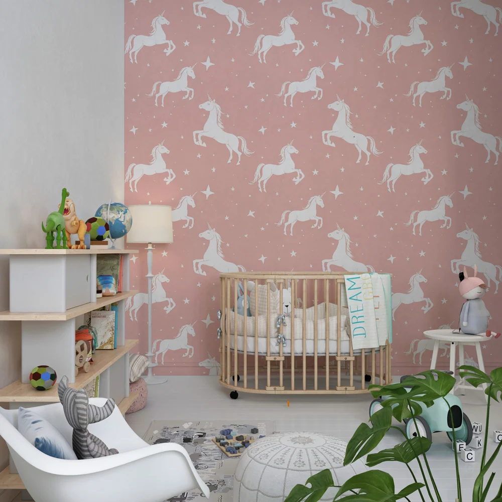 Papel de parede crianç com padrão | Unicórnios brancos em fundo rosa