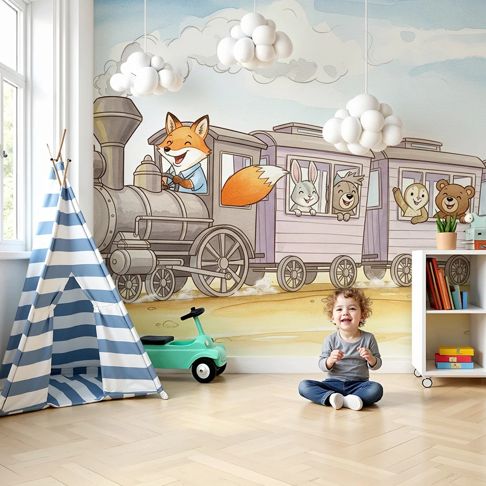 Papel de parede crianç | Comboio alegre com animais divertidos
