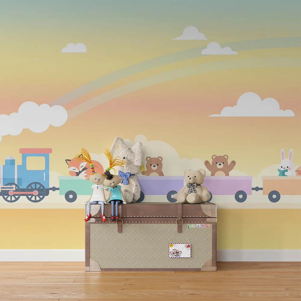 Papel de parede crianç | Comboio colorido com animais felizes em viagem
